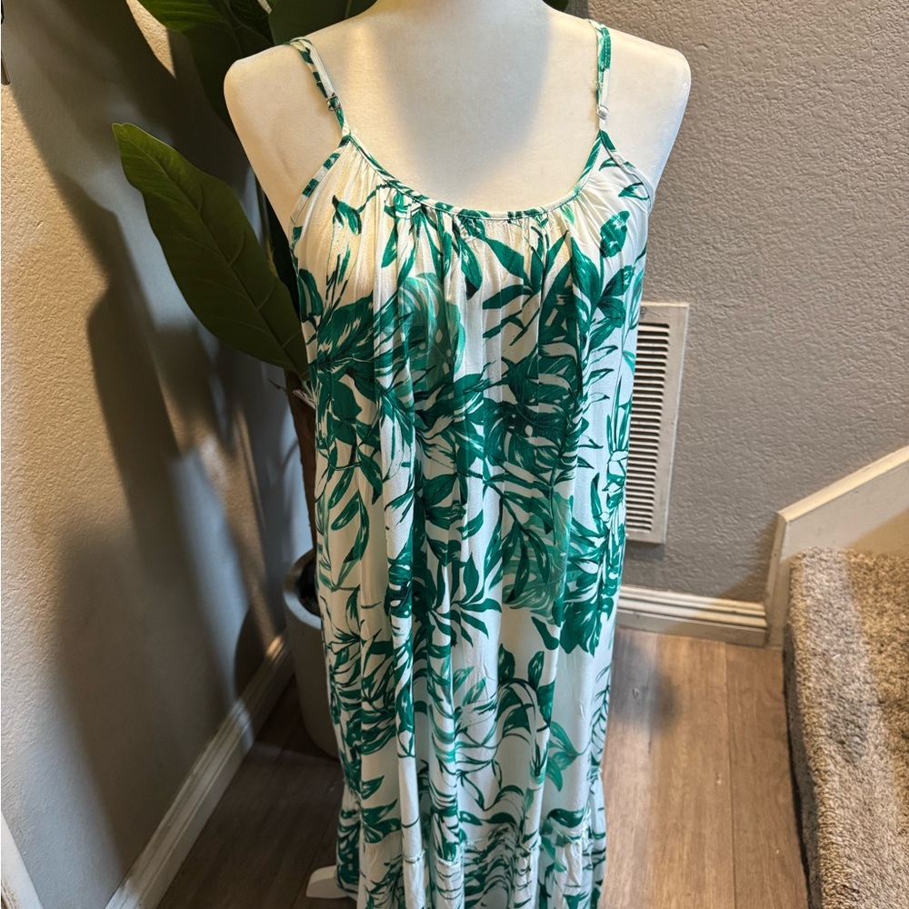 Green Leaf Print Midi Dress
